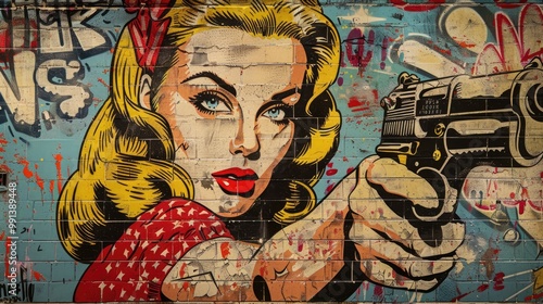 A pop art style illustration of a woman holding a gun, with graffiti in the background.
