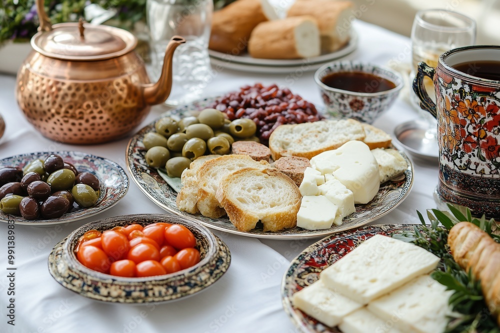 Traditional Turkish Kahvaltı Breakfast Spread on a Clean White Linen Table with Cultural Dishes and Fresh Ingredients for a Modern and Authentic Dining Experience Best for Food Content Traditional Turkish Kahvaltı Breakfast Spread on a Clean White Linen Table with Cultural Dishes and Fresh Ingredients for a Modern and Authentic Dining Experience Best for Food Content