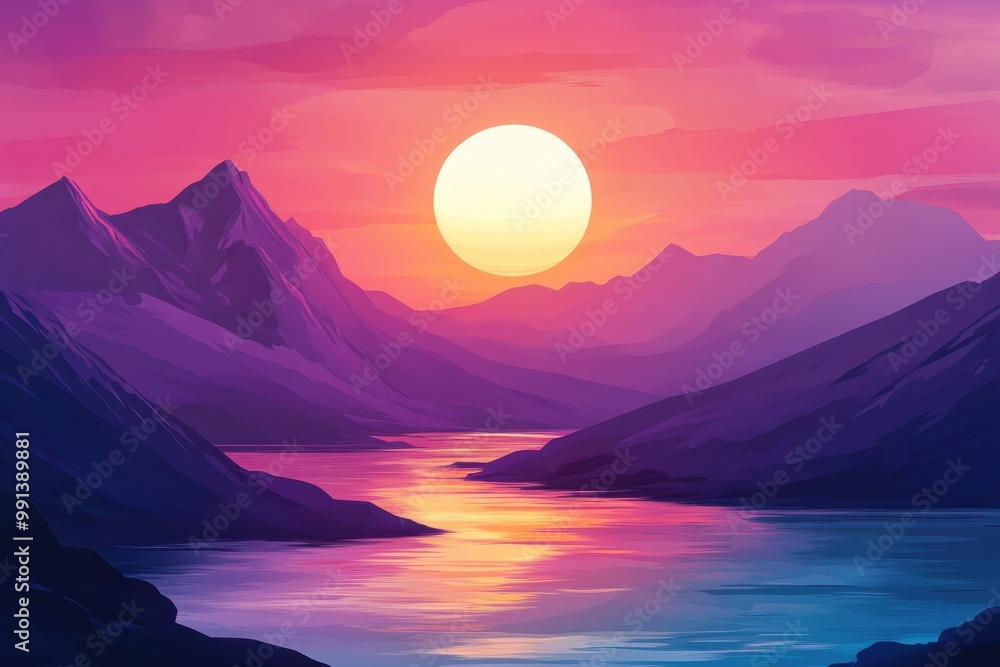 Sunset Over a Mountain Lake with a Bright Sun Sunset Over a Mountain Lake with a Bright Sun
