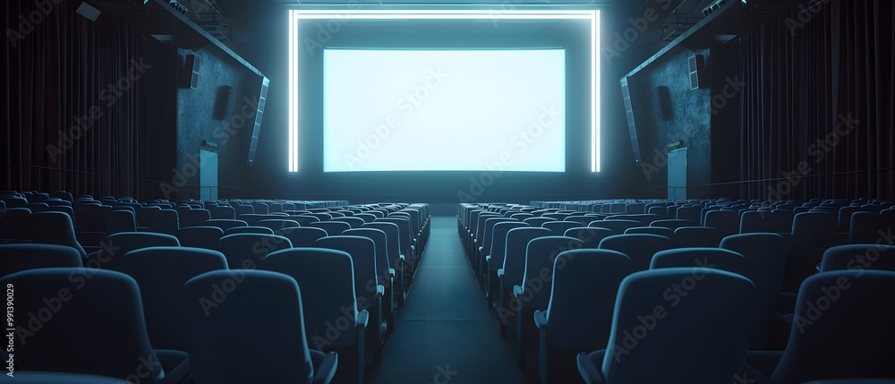 Modern Cinema with Empty Seats and Bright Screen Modern Cinema with Empty Seats and Bright Screen