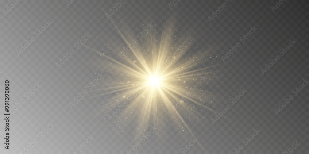 Obraz premium Glow light star, yellow sun rays, gold glare bokeh. Flash yellow sun, star flashed with sparkles.