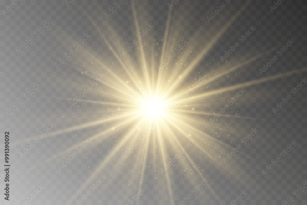 Obraz premium Glow light star, yellow sun rays, gold glare bokeh. Flash yellow sun, star flashed with sparkles.