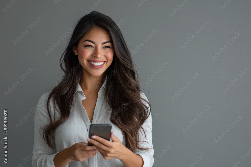 Young woman with long dark hair is standing in front of a grey wall, smiling while reading a text message on her smartphone Young woman with long dark hair is standing in front of a grey wall, smiling while reading a text message on her smartphone