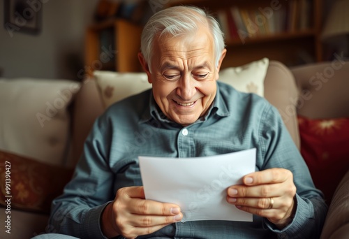 An elderly man reading a letter from a grandchild a look of pure