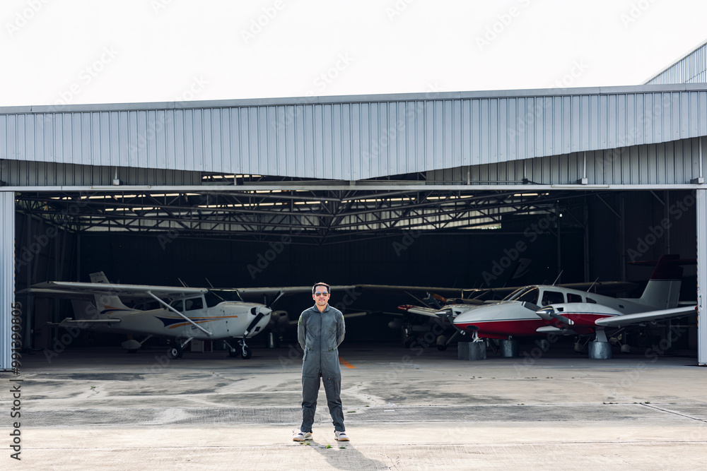 Pilot in uniform at airport. Asian Confident male pilot in uniform and checking flight plan Pilot in uniform at airport. Asian Confident male pilot in uniform and checking flight plan