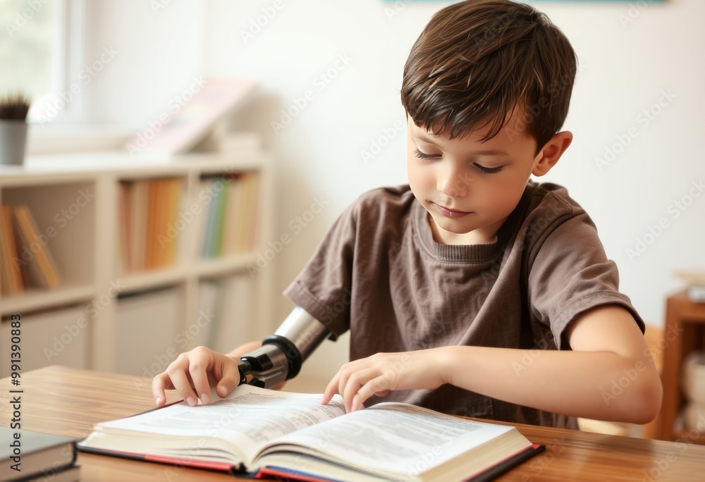 Boy with a prosthetic limb Confidently turning a page of a book Boy with a prosthetic limb Confidently turning a page of a book