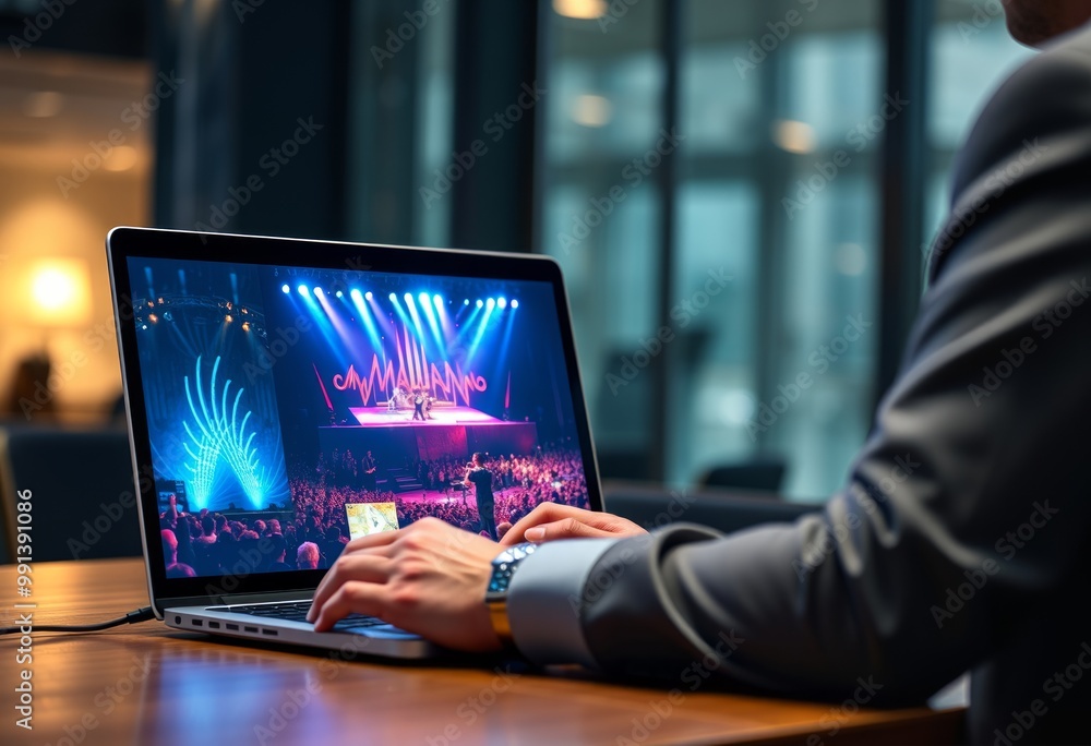 Businessman accessing virtual concerts and live events on laptop Businessman accessing virtual concerts and live events on laptop