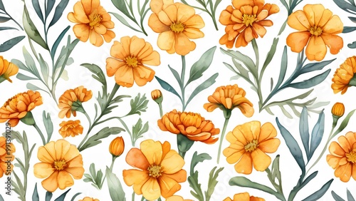 Hand-painted marigold flowers in rich orange hues on delicate stems and green leaves, arranged in a seamless floral pattern. Ideal for nature-inspired textiles and decor