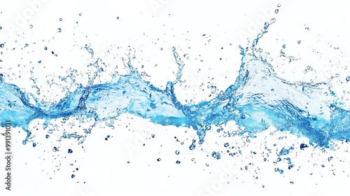 A dynamic splash of blue water creating vibrant droplets against a clean, white background, perfect for various creative projects.