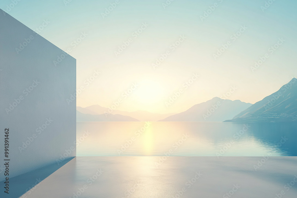 Fototapeta premium Abstract 3D rendering of minimalist style architectural space scene, mountain and lakeside building