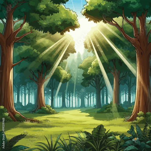 Serene forest clearing with lush green grass illustration 