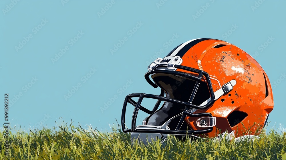 Fototapeta premium A flat illustration of a football helmet and cleats placed on a turf field rendered with simple geometry and minimal detail Large space for text in center Stock Photo with copy space