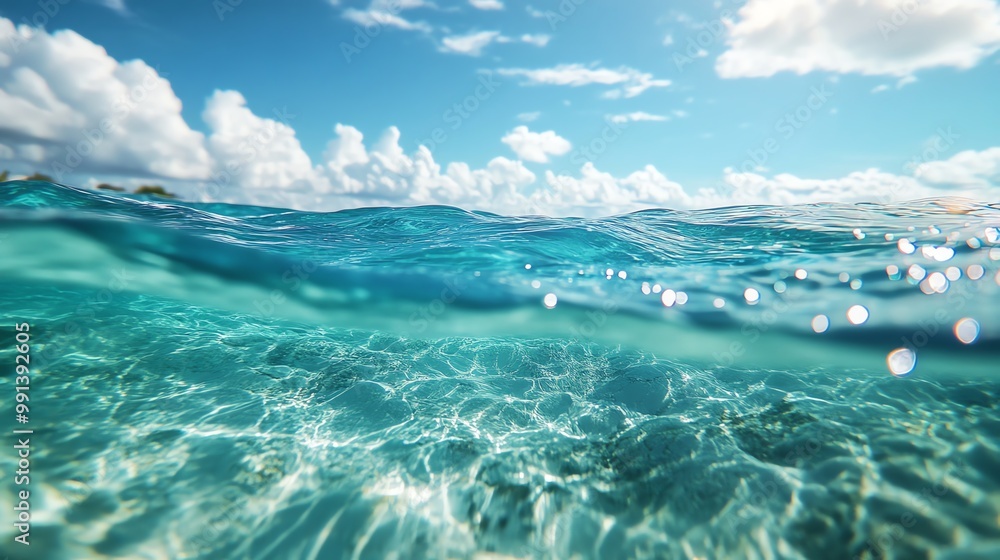 Breathtaking view of crystal-clear ocean water, sparkling under a bright blue sky with fluffy clouds, evoking peace and tranquility. Breathtaking view of crystal-clear ocean water, sparkling under a bright blue sky with fluffy clouds, evoking peace and tranquility.