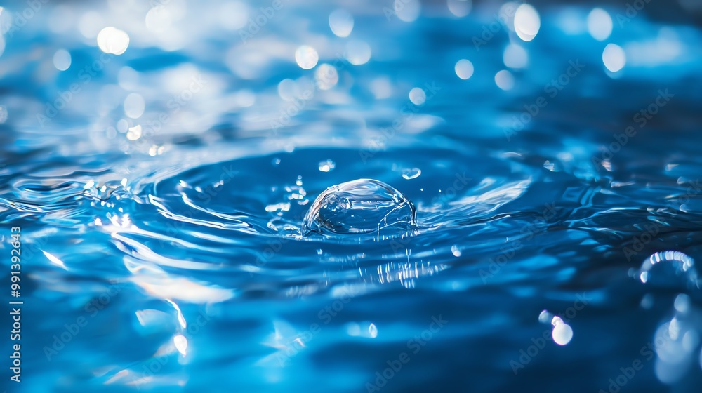 Close-up of a water droplet creating ripples in a serene blue pond, capturing the essence of tranquility and nature's beauty. Close-up of a water droplet creating ripples in a serene blue pond, capturing the essence of tranquility and nature's beauty.