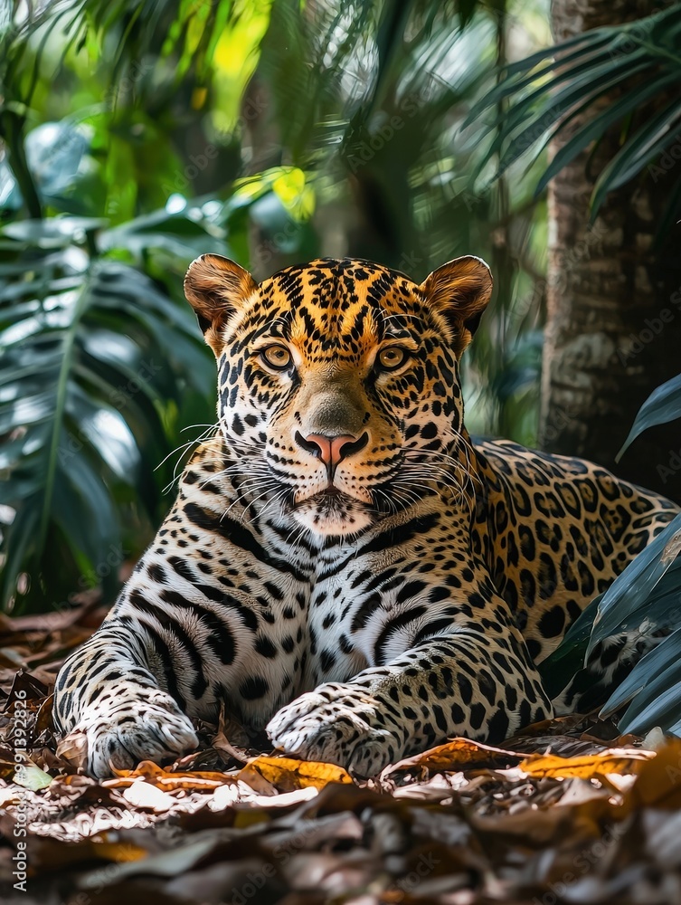 Fototapeta premium Majestic Leopard Relaxing in Lush Tropical Jungle Setting - Exotic Wildlife Portrait in Natural Habitat