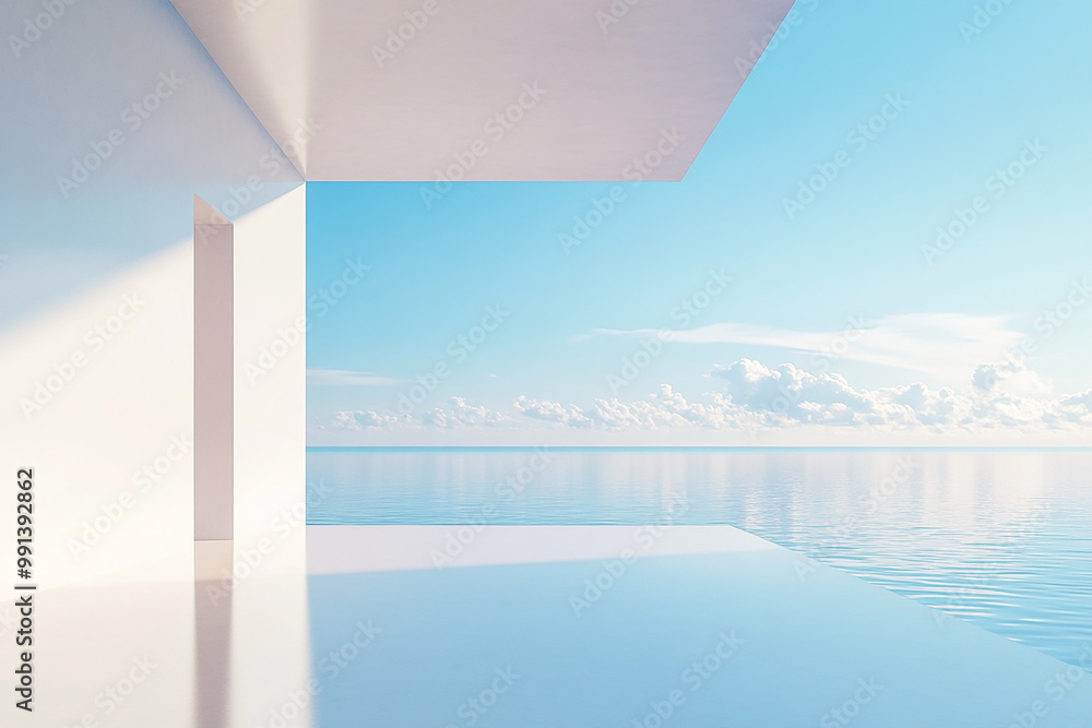 Fototapeta premium Abstract 3D rendering of minimalist style architectural space scene, mountain and lakeside building