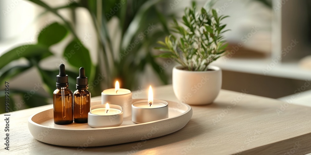 A serene composition of essential oils and candles on a minimalistic tray, evoking feelings of relaxation A serene composition of essential oils and candles on a minimalistic tray, evoking feelings of relaxation