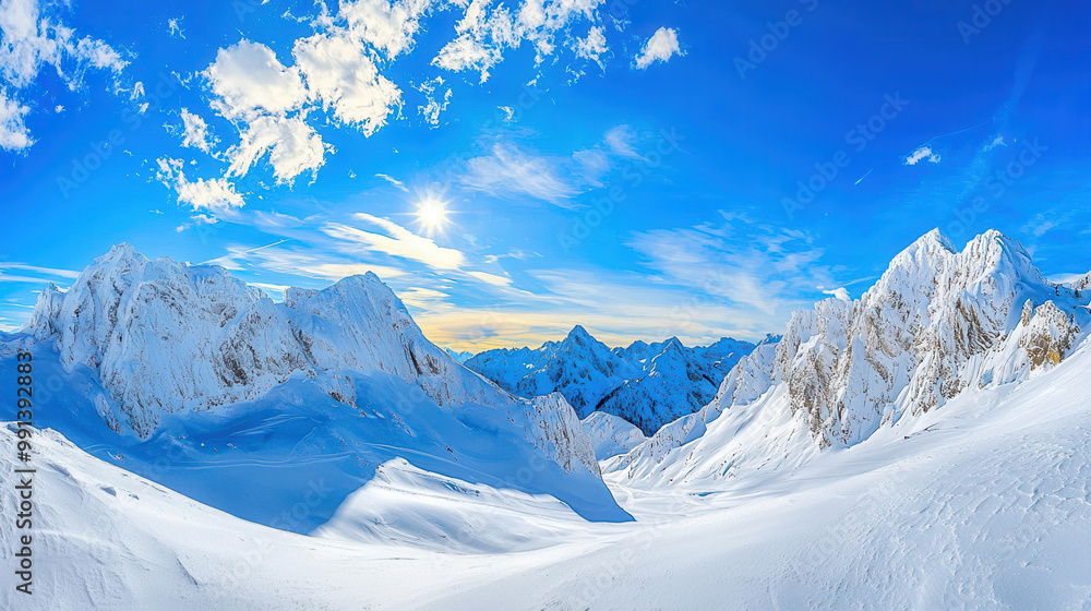 Fototapeta premium Expansive winter landscape featuring snow-covered mountains under a clear blue sky with fluffy clouds and bright sunlight
