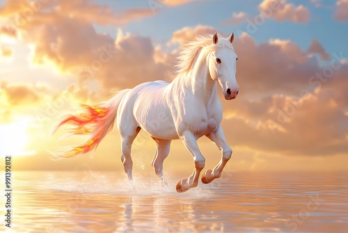A white horse galloping on the sea, with red and orange flames in its mane. The background is sunset