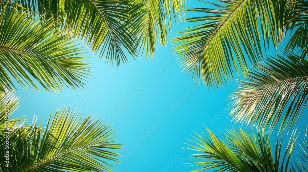 Naklejka premium Tropical Paradise: Vibrant Palm Fronds under Azure Sky.