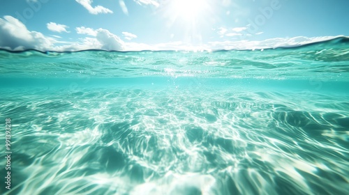 Crystal clear ocean water illuminated by the sun, creating beautiful patterns and reflections on the surface.