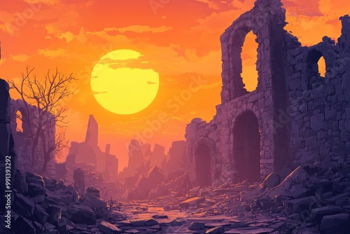 Ruins of a Stone City at Sunset