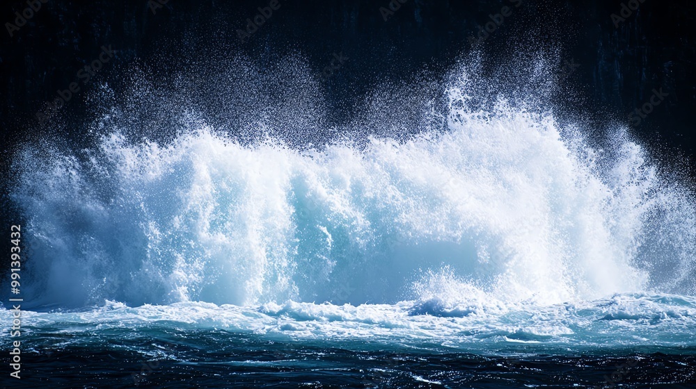 Dynamic ocean wave crashing against the shore, showcasing the raw power and beauty of nature in vibrant blue tones. Dynamic ocean wave crashing against the shore, showcasing the raw power and beauty of nature in vibrant blue tones.