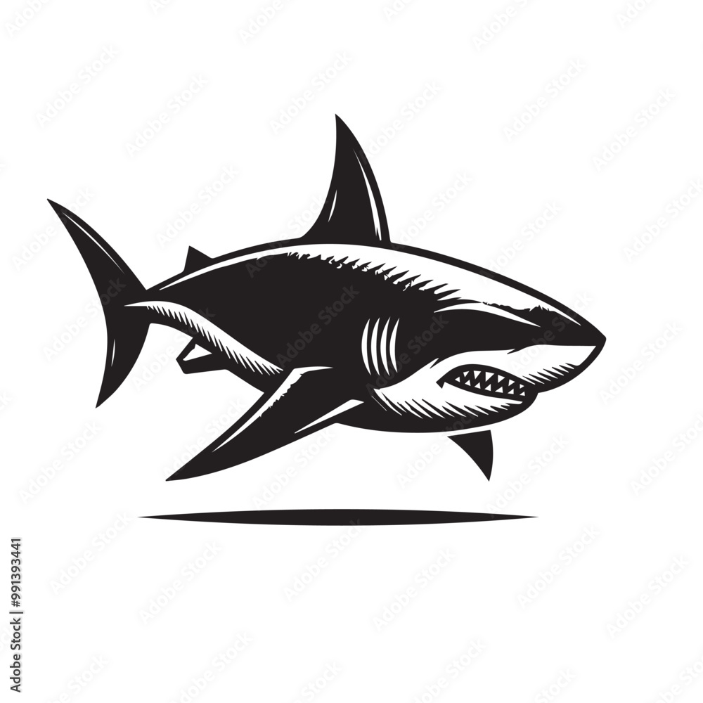Obraz premium Shark silhouette vector design full black and white. Shark logo, icon design. shark black silhouette isolated on white background.