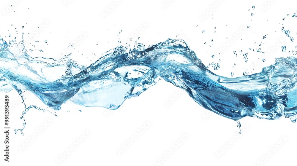 Dynamic splash of clear water showing movement and fluidity against a clean white background. Dynamic splash of clear water showing movement and fluidity against a clean white background.