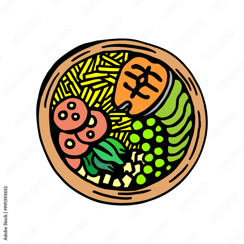 Hand-drawn illustration of a colorful food bowl featuring fish, vegetables, and noodles. Ideal for healthy food designs, restaurant branding, or culinary-themed projects. Hand-drawn illustration of a colorful food bowl featuring fish, vegetables, and noodles. Ideal for healthy food designs, restaurant branding, or culinary-themed projects.