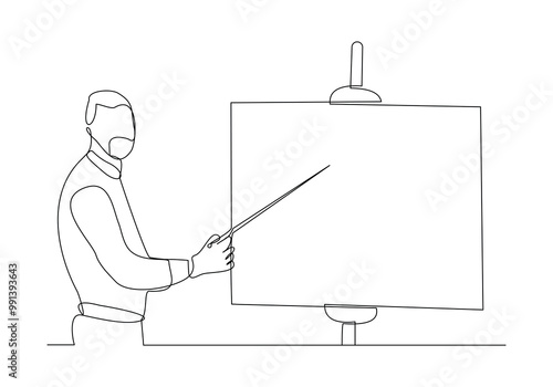 Continuous single line sketch drawing of standing businessman doing presentation pointing on board screen projector with stick explain something. One line art vector illustration