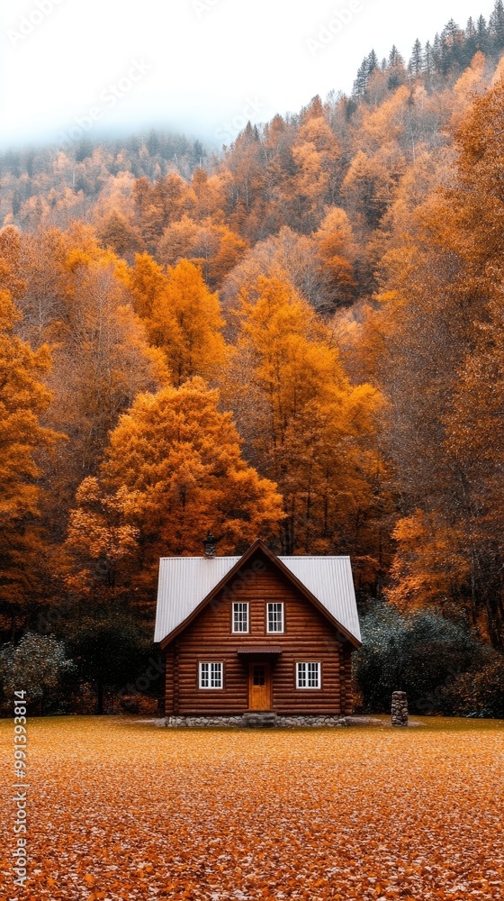 This cozy cabin is enveloped by vibrant fall foliage of orange, red, and yellow hues, creating a warm, inviting atmosphere with a charming well beside it This cozy cabin is enveloped by vibrant fall foliage of orange, red, and yellow hues, creating a warm, inviting atmosphere with a charming well beside it