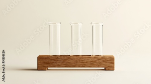 Beautiful Glass Test Tubes in a Wooden Holder Against a Light Cream Background photo