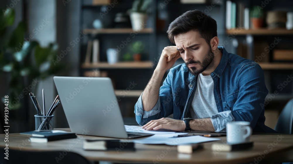 An image of an entrepreneur trying to plan a new strategy but filled with uncertainty and discouragement and depression, in hyperrealistic style An image of an entrepreneur trying to plan a new strategy but filled with uncertainty and discouragement and depression, in hyperrealistic style