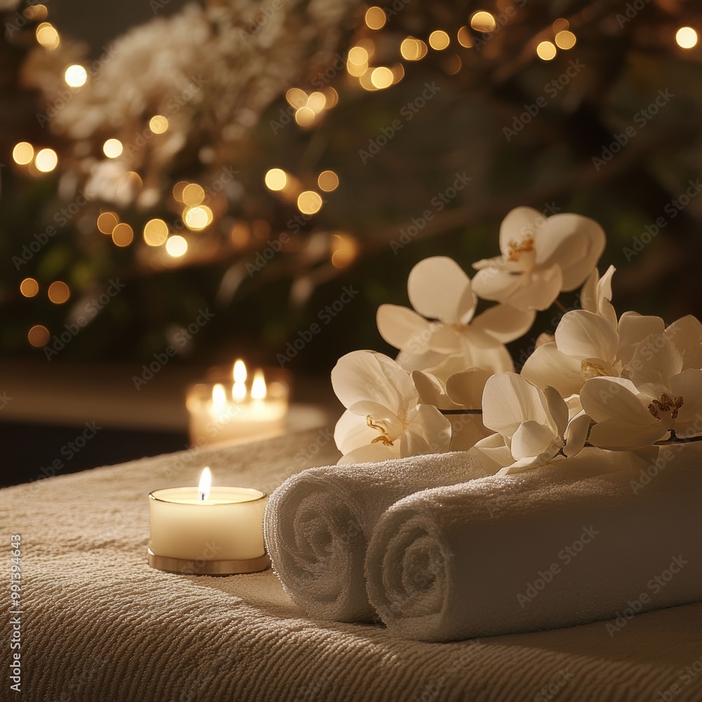 A soothing spa scene with warm candlelight, soft fabrics, and fragrant flowers, creating a relaxing ambiance A soothing spa scene with warm candlelight, soft fabrics, and fragrant flowers, creating a relaxing ambiance