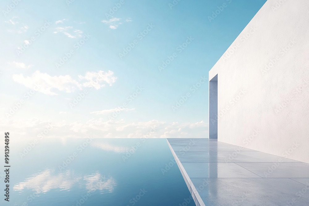 Obraz premium Abstract 3D rendering of minimalist style architectural space scene, mountain and lakeside building