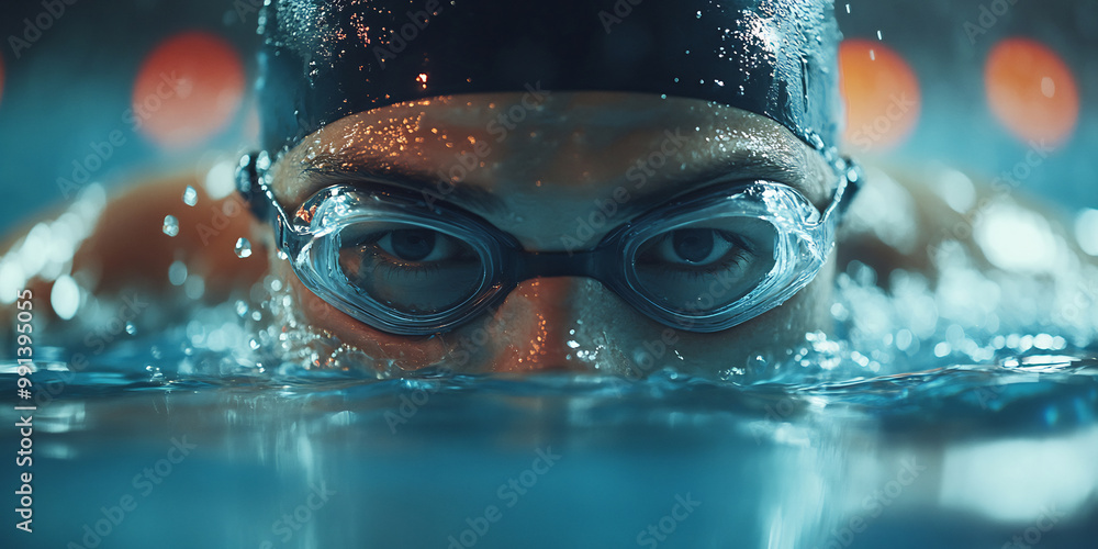 Intense focus of a swimmer wearing goggles, emerging through splashing water during a competitive swim Intense focus of a swimmer wearing goggles, emerging through splashing water during a competitive swim