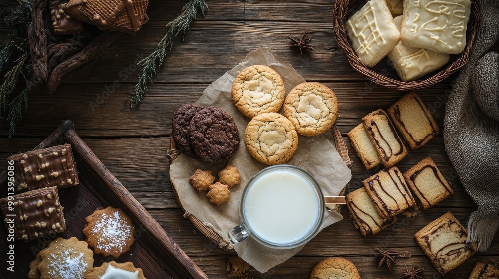 A rustic wooden table featuring a variety of cookies, including ginger snaps and shortbread, arranged with a glass of milk. A rustic wooden table featuring a variety of cookies, including ginger snaps and shortbread, arranged with a glass of milk.