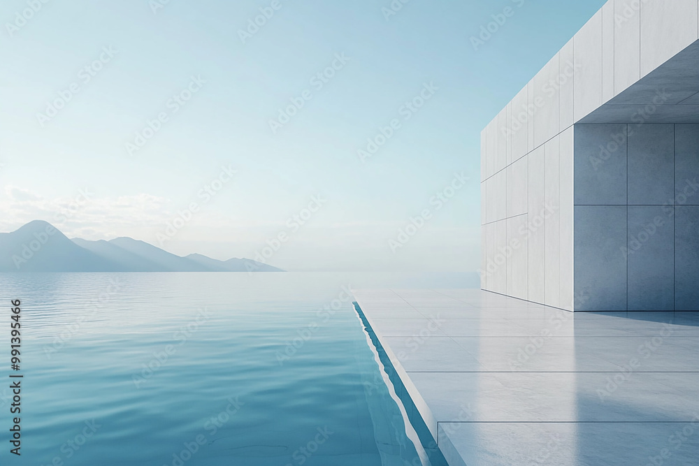 Abstract 3D rendering of minimalist style architectural space scene, mountain and lakeside building Abstract 3D rendering of minimalist style architectural space scene, mountain and lakeside building