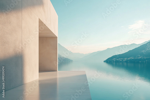 Abstract 3D rendering of minimalist style architectural space scene, mountain and lakeside building