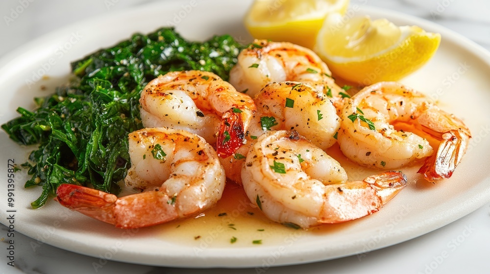 A scrumptious arrangement of grilled shrimp with a garlic lemon sauce, displayed on a light marble surface with a side of greens. A scrumptious arrangement of grilled shrimp with a garlic lemon sauce, displayed on a light marble surface with a side of greens.