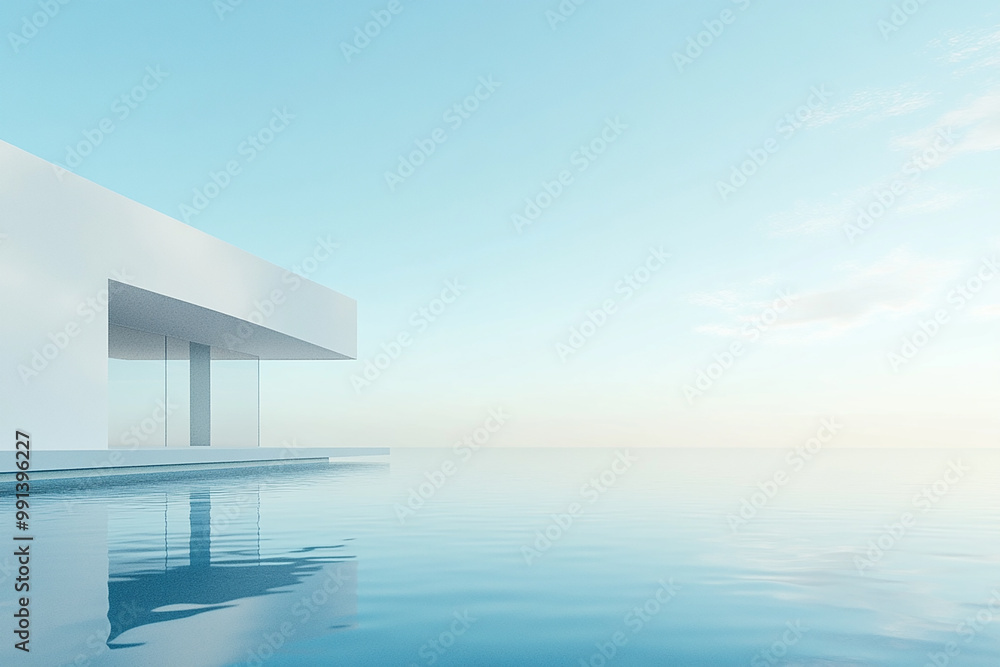 Abstract 3D rendering of minimalist style architectural space scene, mountain and lakeside building Abstract 3D rendering of minimalist style architectural space scene, mountain and lakeside building