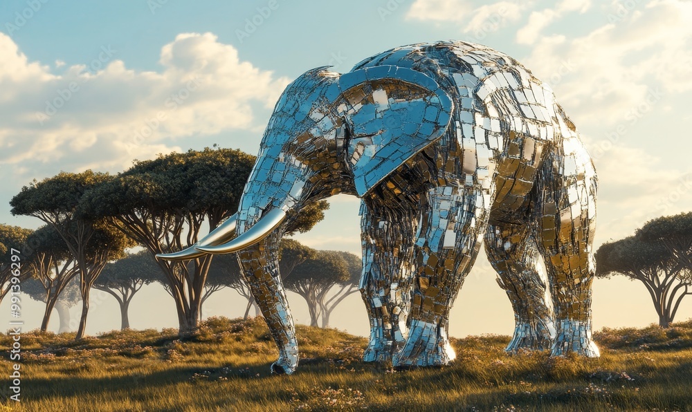 Fototapeta premium A mirrored elephant sculpture stands in a field.