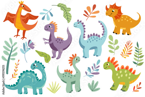 Set of vector illustration of a cute  little dinosaurs in a flat style. Friendly and playful design is ideal for children's books, t-shirt, nursery decor, greeting cards, party invitations
