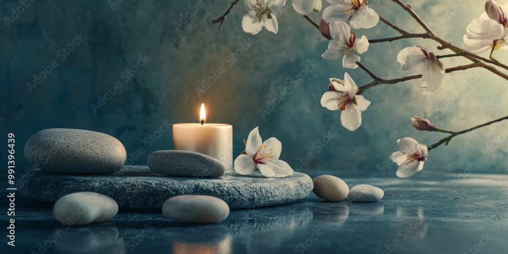 An inviting spa atmosphere with a serene color palette, featuring a single candle, fresh flowers, and smooth stones An inviting spa atmosphere with a serene color palette, featuring a single candle, fresh flowers, and smooth stones
