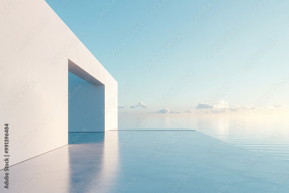 Obraz premium Abstract 3D rendering of minimalist style architectural space scene, mountain and lakeside building