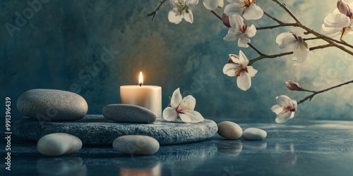 An inviting spa atmosphere with a serene color palette, featuring a single candle, fresh flowers, and smooth stones