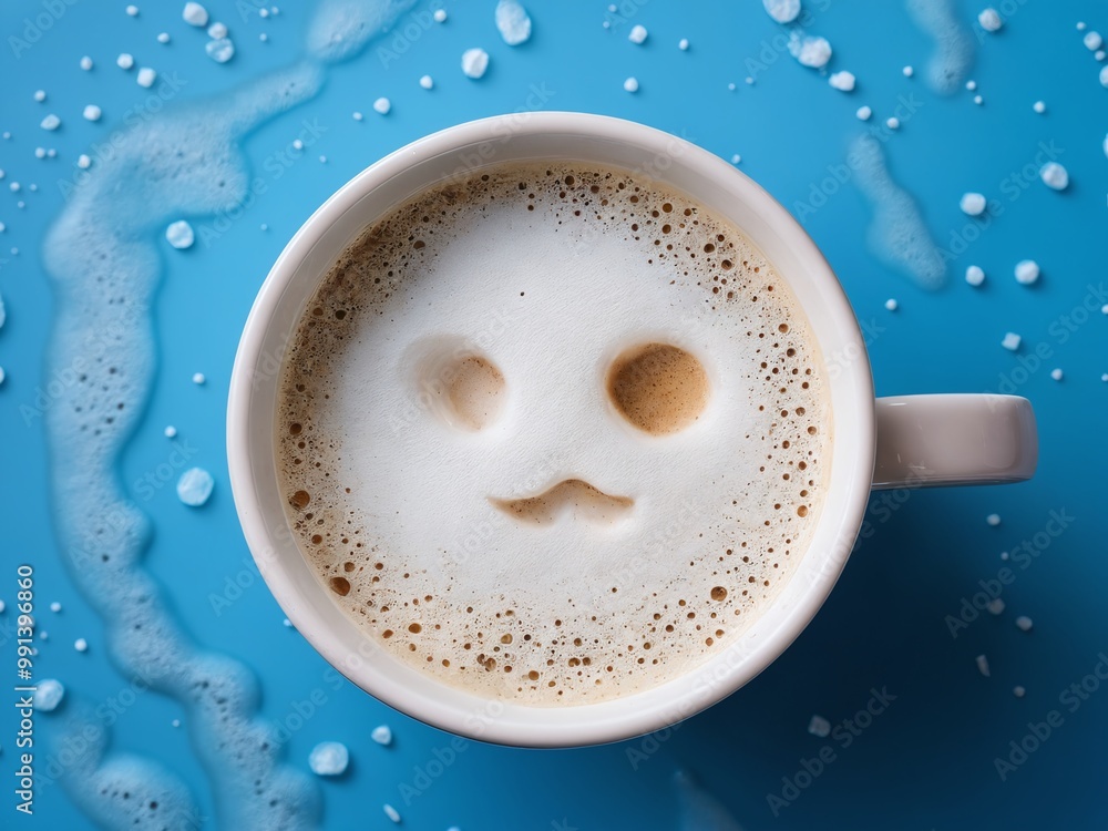 A whimsical coffee cup with frothy face design against a vibrant blue background and scattered sugar cubes A whimsical coffee cup with frothy face design against a vibrant blue background and scattered sugar cubes