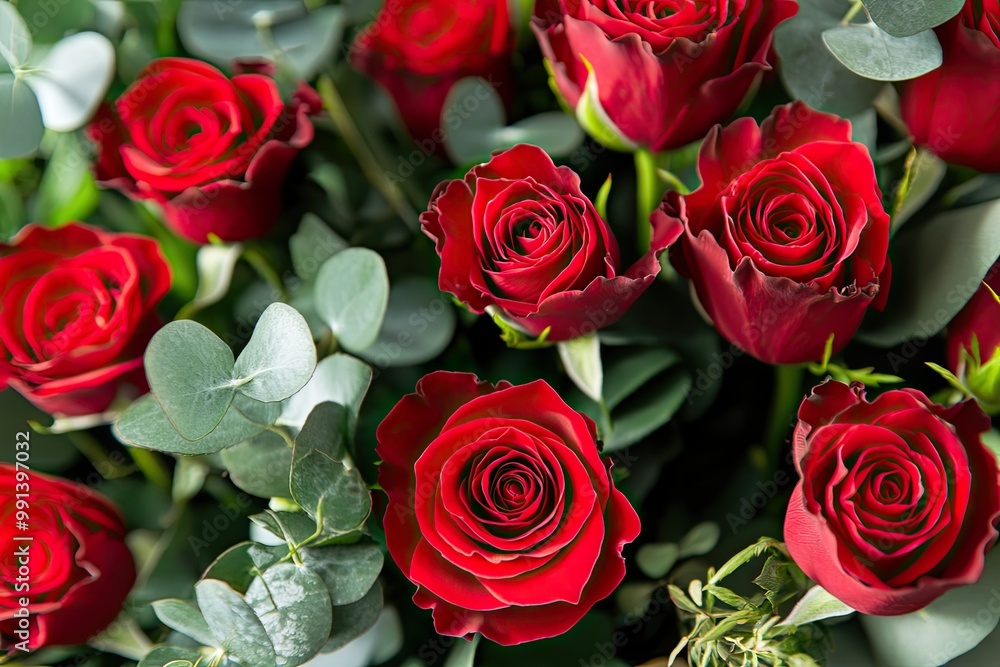 A bouquet of red roses, rich and velvety, with delicate green leaves, arranged for a romantic gesture A bouquet of red roses, rich and velvety, with delicate green leaves, arranged for a romantic gesture