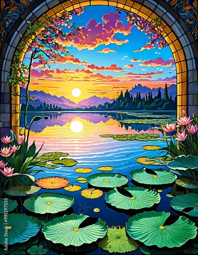 A beautiful warm sunset over a breathtaking lake in the summer, with lily pads and lotus flowers on the water, painting art, satined glass style photo